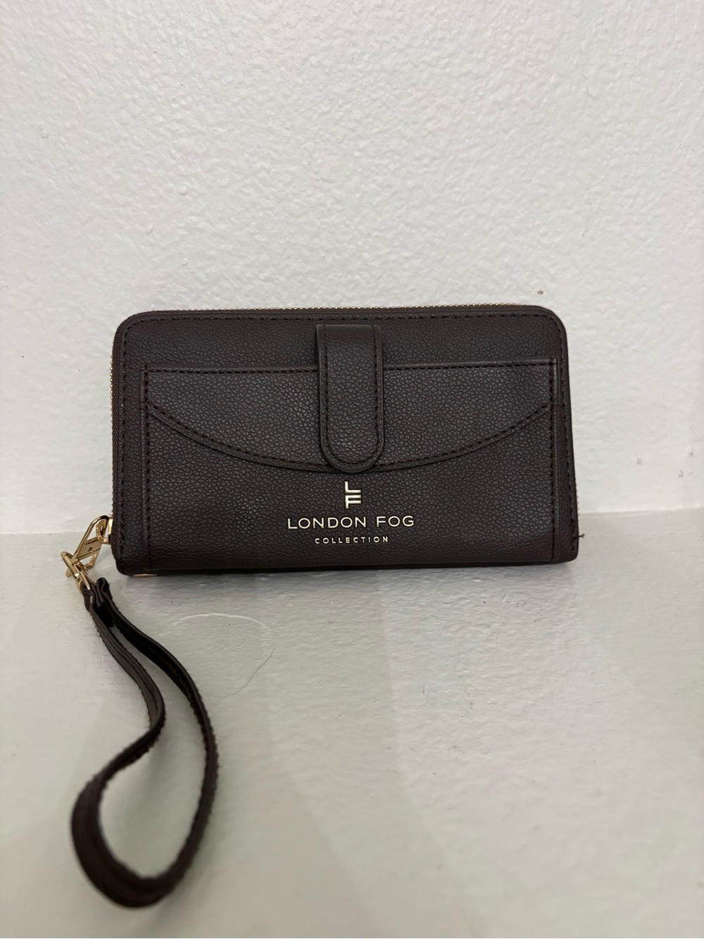 London Fog Dark Brown Wristlet Wallet with Gold Hardware